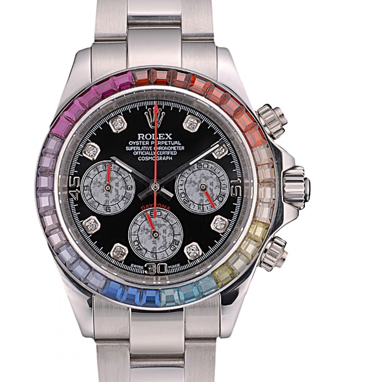 Aaa replica watch Daytona Stainless Bezel Rolex Strap Dial Cosmograph 80250 Crystals Black Rainbow Steep 0612